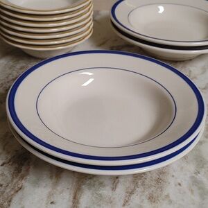 2 Vintage Restaurant Ware Wide Rim Soup Bowls Off-White & Blue Trim